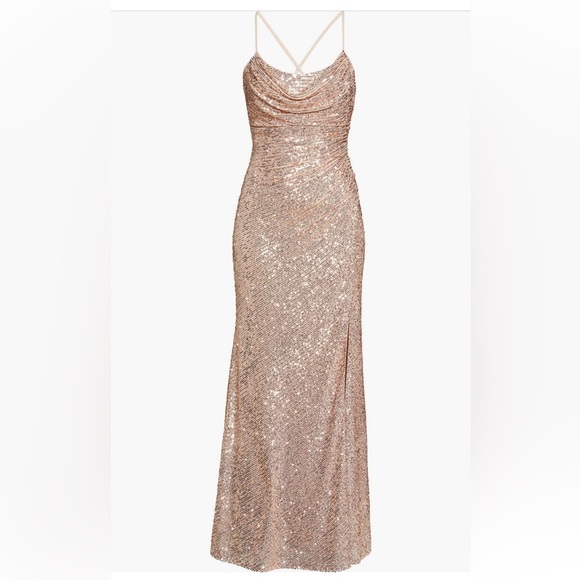 Morgan & Co. Cowl Neck Sequin Crossback Body-Con Gown Gold Dress Sz Jr 9 (6) - Picture 5 of 16